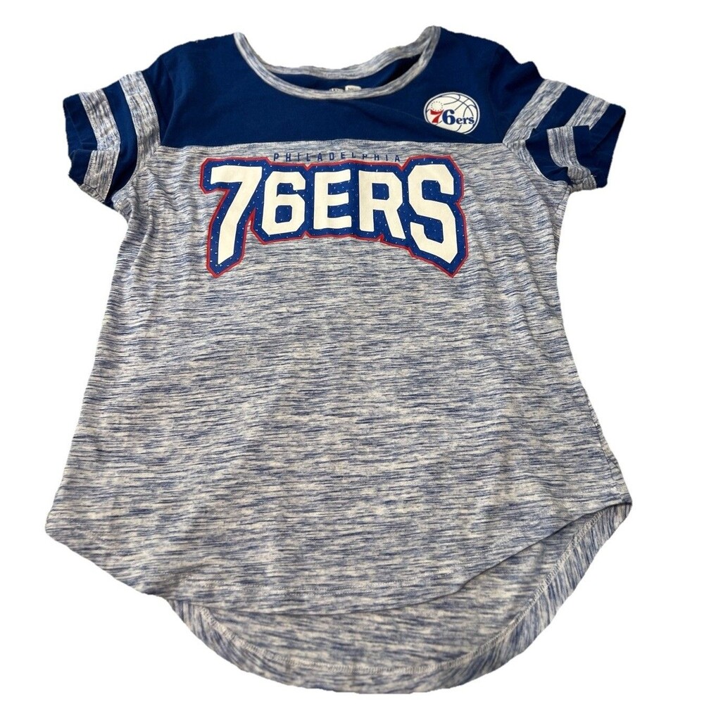 New Era Philadelphia 76ers Womens T Shirt Blue Rhinestone Logo Size Large